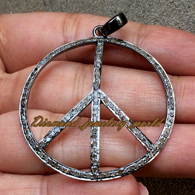 Vintage 2.46ct Clear Genuine Old Mine Rose Cut Diamond Silver Peace Sign Pendant