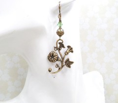 Art Nouveau Floral Brass Earrings Green Crystal Dangle Leverback Vintage Style