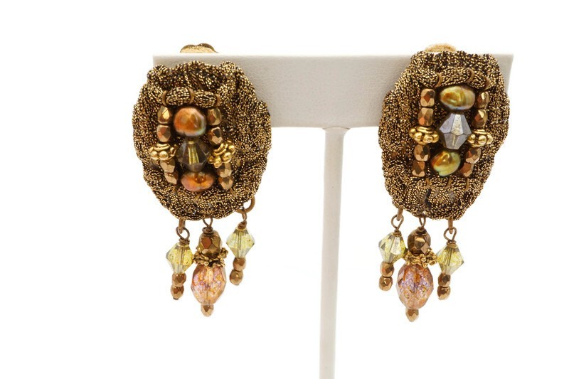 Vintage Clip On Earrings Gold Tone Glass Bead Mesh