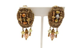 Vintage Clip On Earrings Gold Tone Glass Bead Mesh