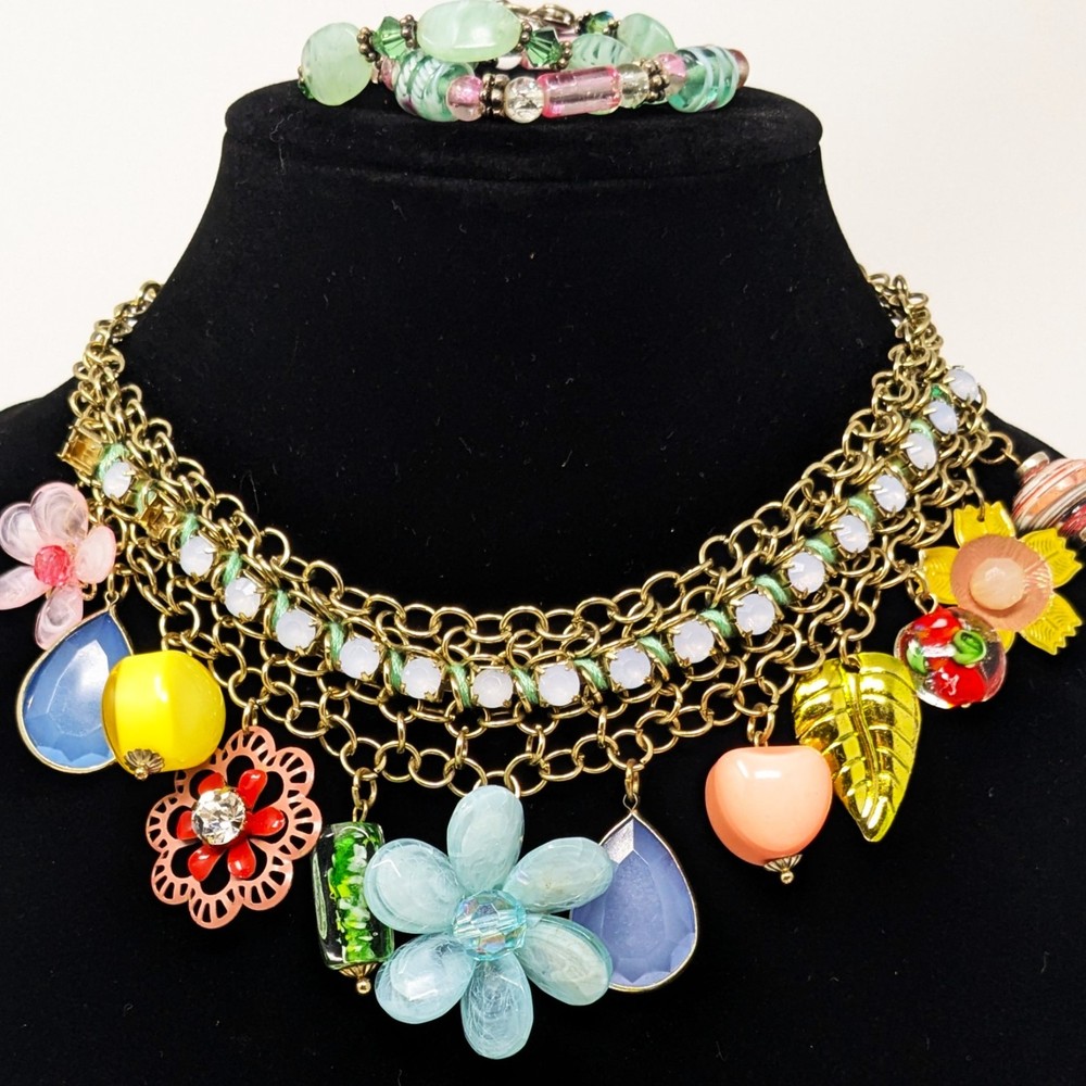 Multicolor Statement Necklace Layered Boho Bib Charm Flowers Eclectic Colorful
