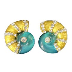 Nautilus Shell Pierced Earrings Gold Tone Teal Gripoix Style Jelly Resin Crystal