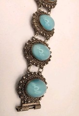Antique Solid Sterling Silver 950 Ornate Light Blue Glass Moonstone Bracelet