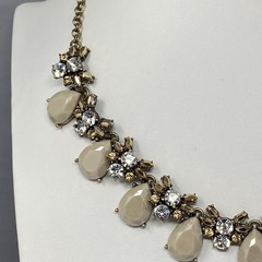 Statement Rhinestone Necklace Gold Tone Bib Tan Acrylic Clear Metallic Glass 18″