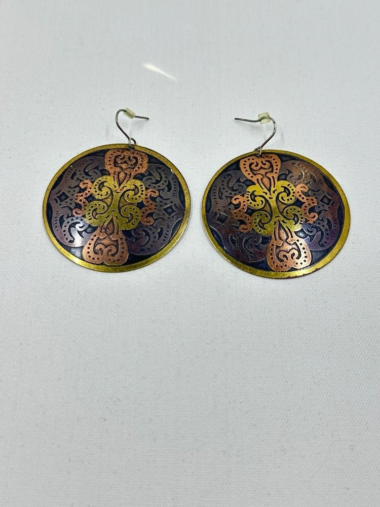 Vintage Boho Oriental Style Copper and Brass Tone Round Mandala Dangle Earrings
