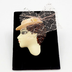 Painted Lady Face with Pink Hat and Veil Short Hair Brunette Vintage Brooch Pin