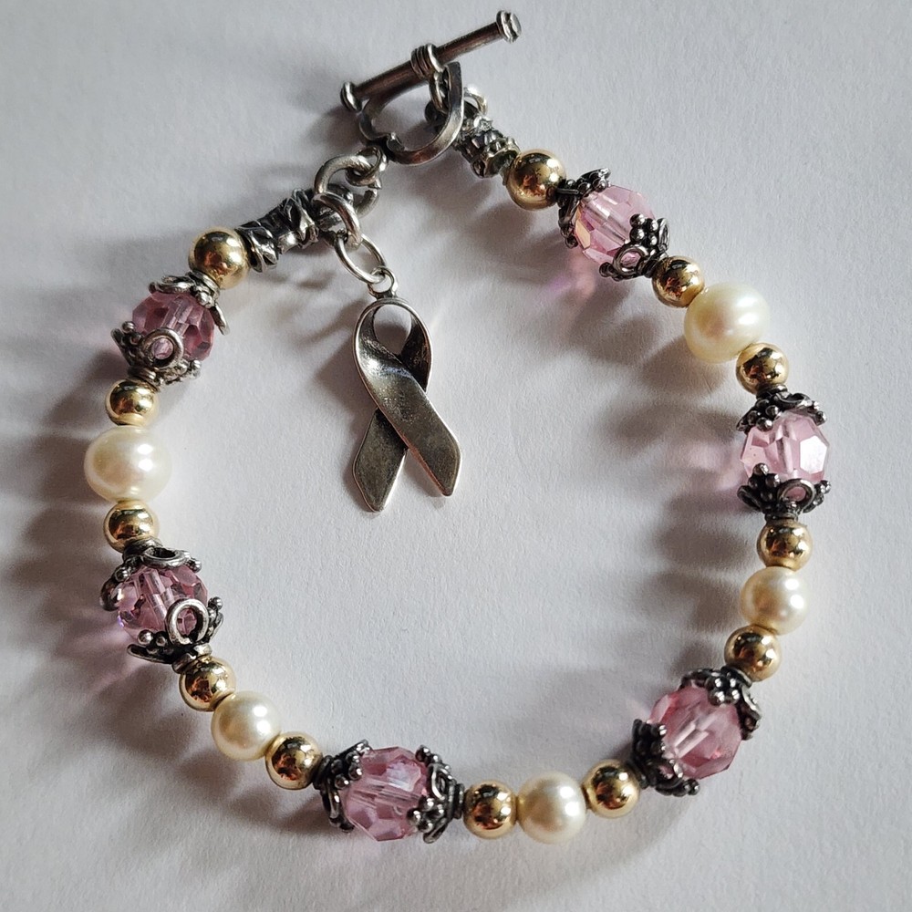 Vtg Sterling Silver And 14kt Beads Breast Cancer Bracelet