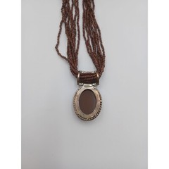 Vtg Multi Strand Brown Seed Bead Collar Necklace Oval Pendant Silver Tone Frame
