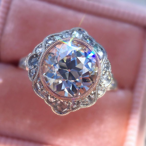 3CT Old European Cut Vintage Halo Lab Created Diamond Ring 14K Two Tone Gold FN