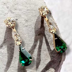 Green Rhinestone Earrings Drop Dangle Screw Back Clip Vintage Mid Century