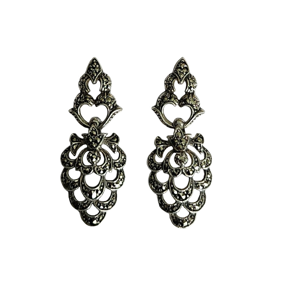 VINTAGE .925 STERLING SILVER MARCASITE FILIGREE DANGLE POST EARRINGS 1.5″