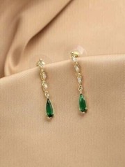 Pear Green Emerald & Lab Created Diamond Drop/Dangle 14K Yellow Gold FN Earrings
