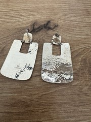 Vintage 925 Sterling Silver Hammered Rectangle Dangle Drop Earrings Signed