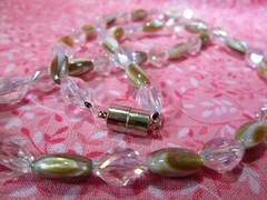 Glass Shell & Acrylic Bead Pendant Necklace 23″ / Neutral Tones & Clear / F
