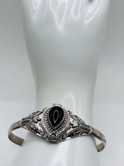 Vintage 925 Silver Poison Pillbox-Locket Bracelet Cuff Tear Shaped Black Onyx