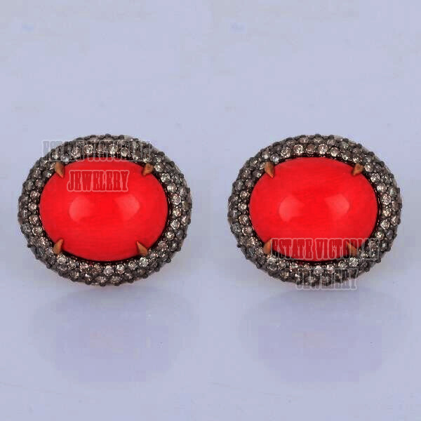 Victorian 2.90Ctw Rose Cut Diamond Coral Silver Stunning Studs Earring Jewelry