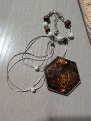 Silver Tone Hexagon Amber Foil Glass Pendant Necklace Boho Artisan Beaded