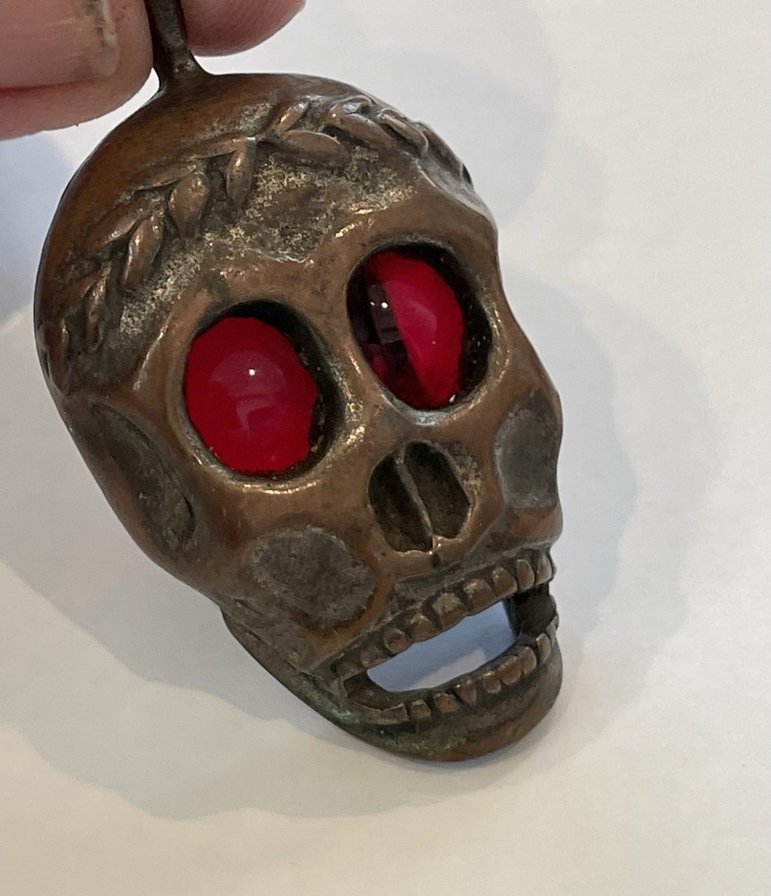 Unusual Vintage SKULL Pendant w Red Gem Eyes Copper?
