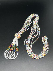 Vintage white green red yellow Glass Seed Beaded 34” Necklace 4190