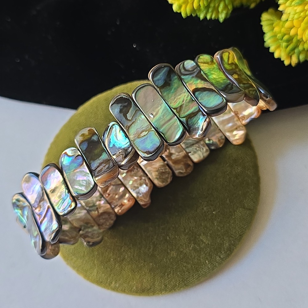 Vintage Polished Abalone Shell Beads Stretch Bracelet 7-7.5″ Wrist sz M-XL