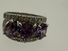 ESTATE STERLING SILVER PASTE AMETHYST THREE STONE RING PEAR HEART OVAL CZ SIZE 8