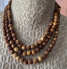 Antique Asian Hand Carved Lotus Bead Necklace Triple Tiered Dyed Bovine Bone