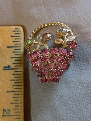 Beautiful Vintage Uranium Glass and Rhinestone Flower Basket Brooch.