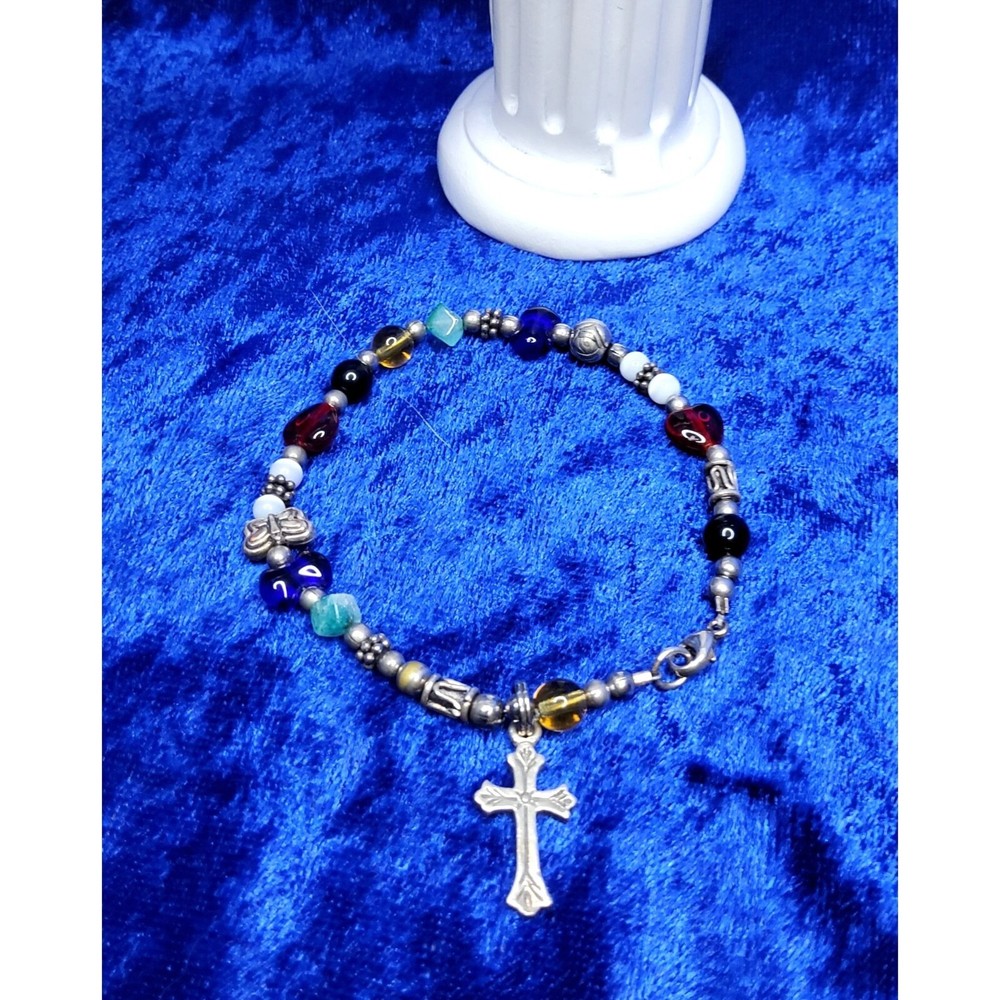 vintage .925 sterling silver cross w/ stones/glass/acrylic and metal beads brace