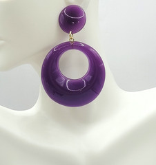 Purple Curvy Hoop w Button Stud Retro Style Vtg 1980s Costume Pierced Earrings