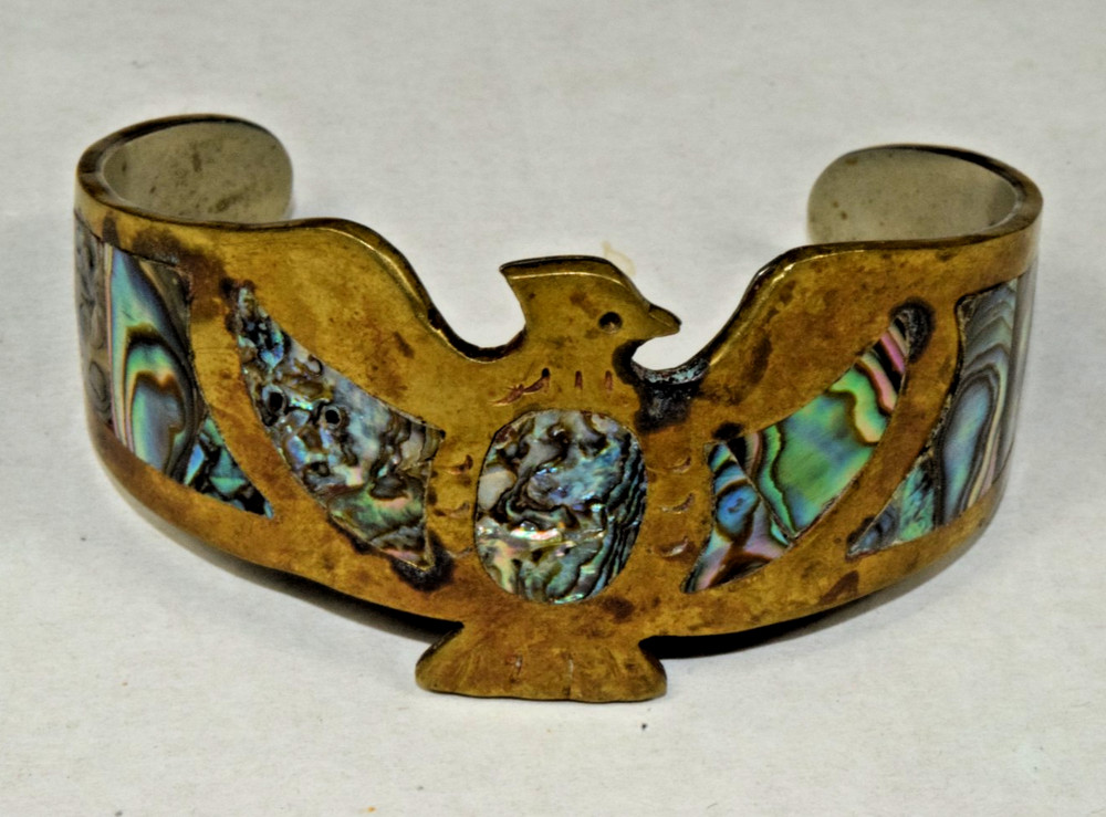 Vintage Mexican Thunderbird Brass Cuff Bracelet Abalone Shell Inlay 1960s