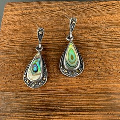 Vintage Earrings Sterling 925 Abalone Teardrop Dangle Pierced Marcasite READ