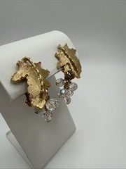Gold Tone Maple Leaf Clear AB Crystal Dangle Bead Clip On Earrings