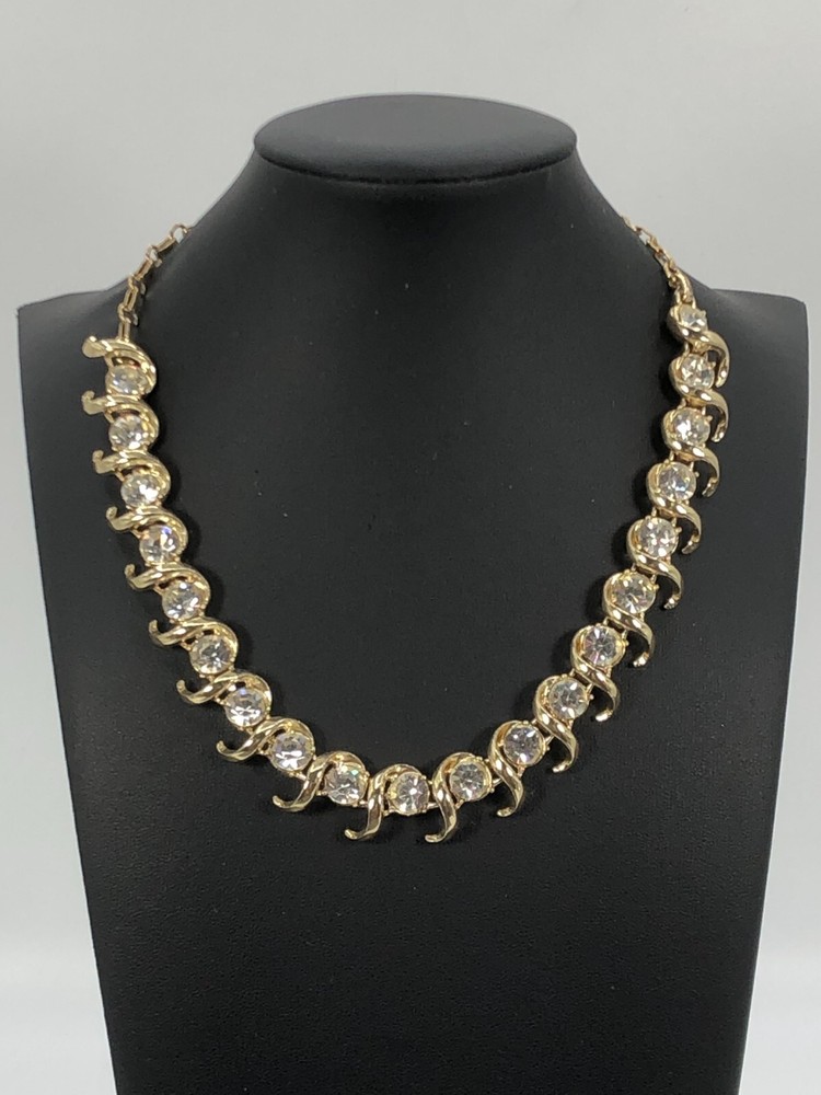 VTG Gold Tone Collar Necklace Rhinestones Adjustable Length Mid-Century Coro??