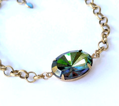 ​Vtg Czech Vitrail Rhinestone Adjustable Length Bracelet Antique Brass Chain