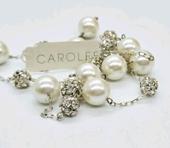 Carolee Vintage Necklace Crystal Accent Faux Pearl Extra long Silver tone 36 in