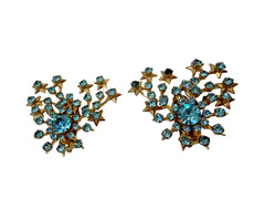 Vintage Earrings Clip On Signed Wirth Blue Star Spray Statement Climber PJ