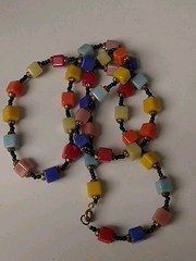 Vintage 1960″s Square Art Glass Beads Bohemian Necklace Multi Color Strand