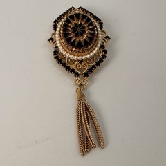 Vintage Victorian Revival Brooch Lot of 2 Gold Black Enamel Tassel Filigree