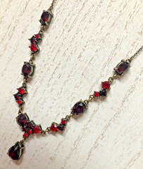 Avon “MN” red rhinestones 20″ necklace oval round pear dangle vintage