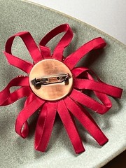 Large Red Beaded Layered Flower w Silk Ribbon Loops Brooch Pin – 3.75 inches in