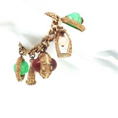 Vintage Etruscan Revival Charm Bracelet Gold Tone Curb Chain Fob Lantern 50s 60s
