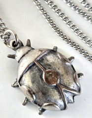 Vintage Ladybug Silver Tone Pendant Necklace 16″ Curb Link Chain