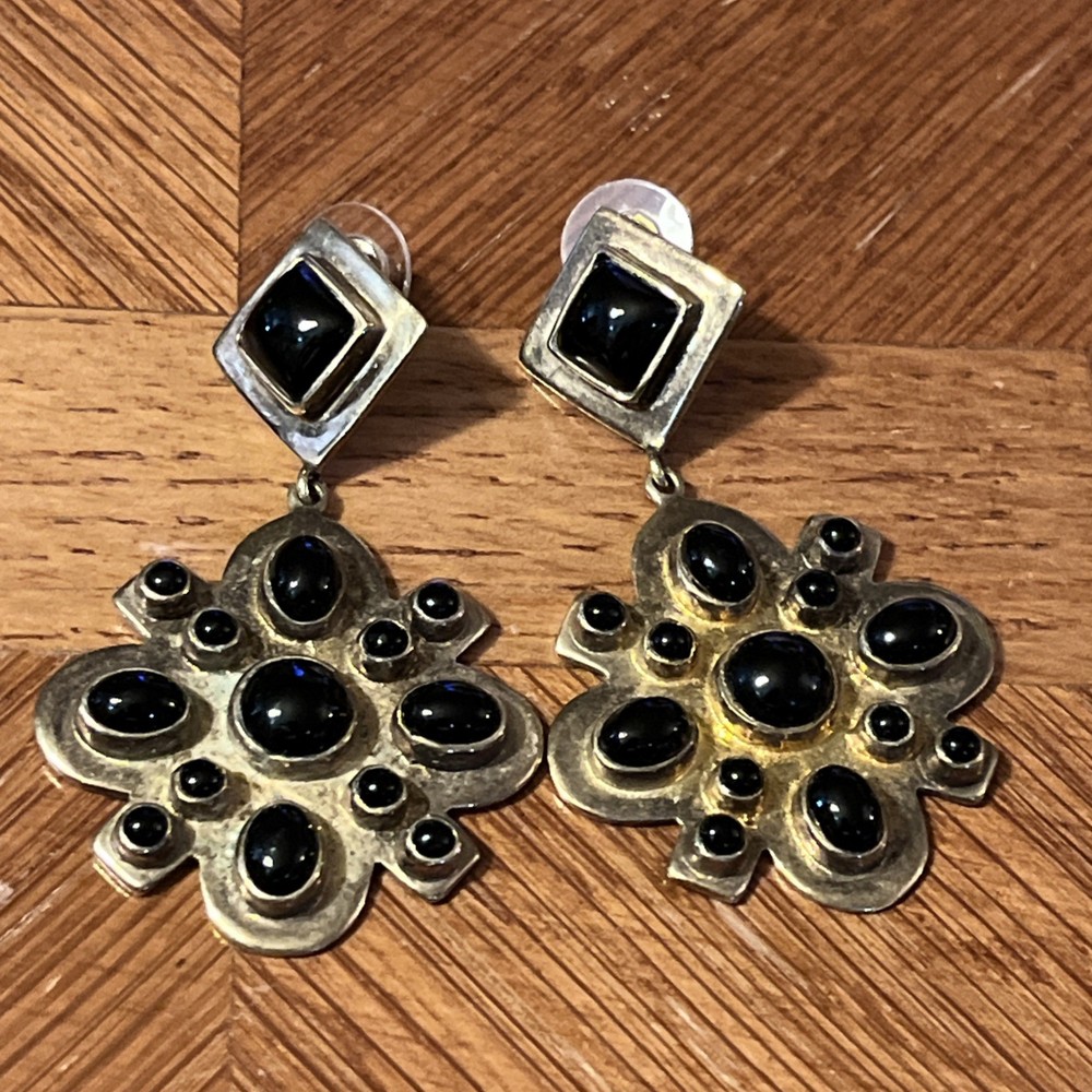 Beautiful Etruscan Revival Art Deco Brass & Black Onyx Dangle Pendant Earrings