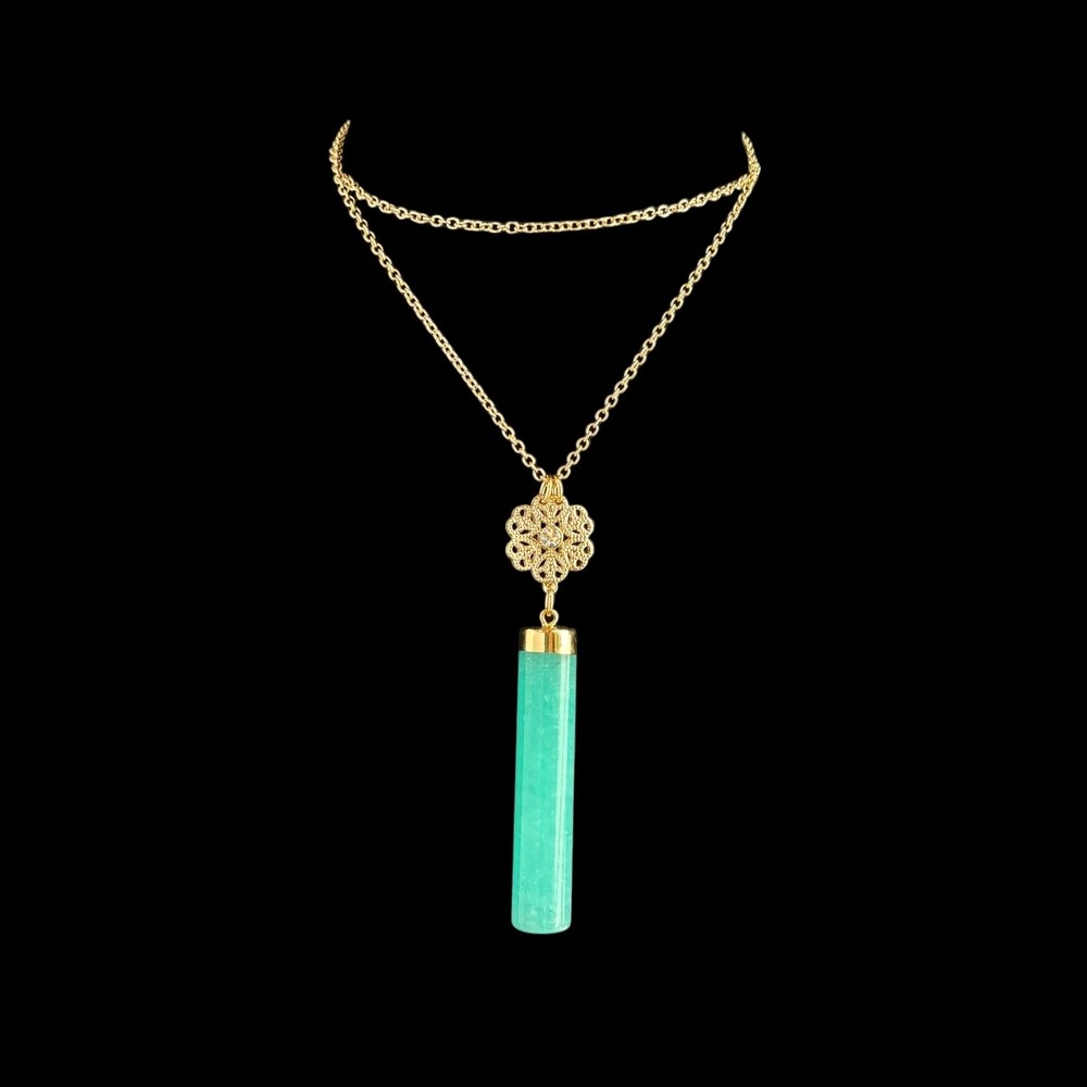 Aqua Quartz Gemstone Pendant Gold Tone Filigree Long Necklace Signed Nice 26 in