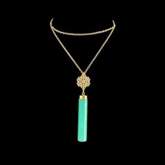 Aqua Quartz Gemstone Pendant Gold Tone Filigree Long Necklace Signed Nice 26 in