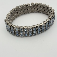 Vintage 1950s Expandable Blue Rhinestone Bracelet British Hong Kong 3 Row Silver