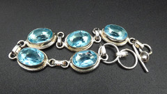 925 Sterling Mexico Oval Link Faceted Blue Glass Tennis Bracelet W/ Toggle Clasp