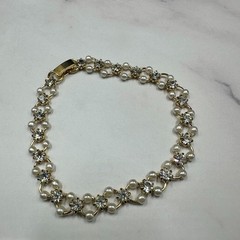 Vintage Lady Remington Necklace Bracelet Set Gold Tone Faux Pearl Rhinestone