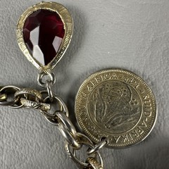 Vintage Charm Bracelet Gold Tone Glass Charms South Africa Coin 6.5″
