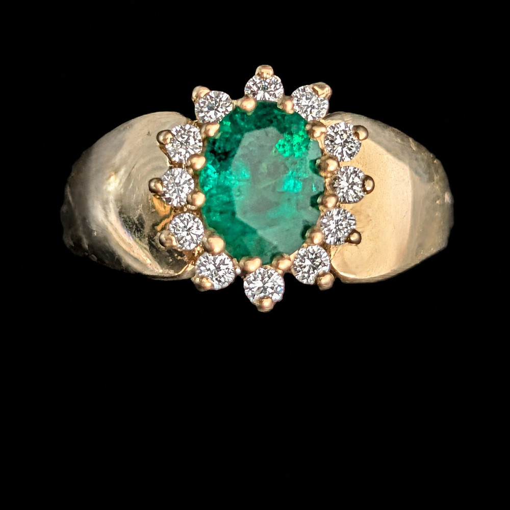 Vintage Oval Cut Emerald Diamonds 14k Yellow Gold Halo Ring Estate Jewelry Gift